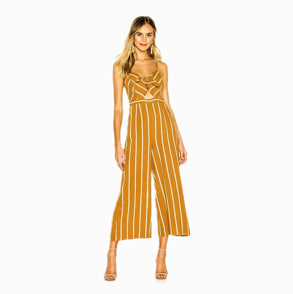ASTR PREMIUM BRAND DYLAN JUMPSUIT | SMALL | WIDE-LEG CROP | GOLDEN BROWN